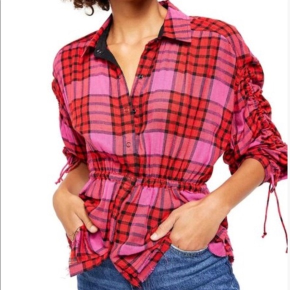 FREE PEOPLE Pacific Dawn Blouse Bohemian Top Plaid Snap Buttons Ballon Sleeves - Picture 4 of 6